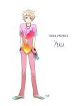  1boy blonde_hair hands_in_pockets highres male mouri multicolored_eyes multicolored_shirt pixiv_manga_sample smile vocaloid yuu_(vocaloid) 