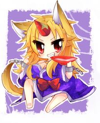  1girl animal_ears blonde_hair breasts cat_ears chibi female horn hoshiguma_yuugi japanese_clothes kaenuco kimono long_hair red_eyes smile solo touhou 