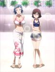  2girls absurdres beach bikini_skirt blue_eyes blue_hair breasts brown_eyes brown_hair cleavage gundam gundam_build_fighters hairband highres iori_rinko knees_together_feet_apart kousaka_china large_breasts mature milf multiple_girls sandals sarong screencap short_hair sparkle stitched swimsuit tankini 