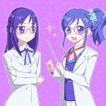  2girls :d aikatsu! asymmetrical_hair bandai bespectacled blazer blue_eyes blue_hair braid color_connection crossover dokidoki!_precure glasses hair_ribbon hishikawa_rikka jacket kiriya_aoi kugata1 labcoat long_hair multiple_girls open_mouth pointer ponytail precure red-framed_eyewear red-framed_glasses ribbon school_uniform season_connection side_ponytail sidelocks simple_background single_braid smile touei 