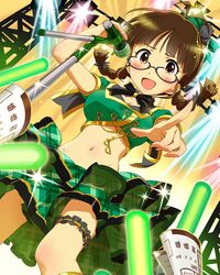  1girl :d akizuki_ritsuko blush bow braid breasts brown_hair cleavage crop_top glasses idolmaster idolmaster_cinderella_girls microphone midriff navel official_art open_mouth pointing skirt smile solo twin_braids 