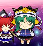  2girls :&lt; blush bow chibi closed_eyes coin green_hair hat multiple_girls o_o onozuka_komachi redhead rod_of_remorse scythe shiki_eiki short_hair soramame1110 touhou twintails 