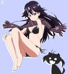  1girl bad_anatomy barefoot bikini black_hair isshiki_akane kueru kueru_(yuuki_tamerawanai) kuroki_rei long_hair poorly_drawn scarf silhouette silhouette_demon swimsuit violet_eyes vividred_operation 