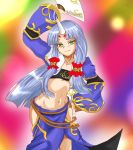  1girl bandeau banpresto blue_hair facial_mark fan forehead_mark horn long_hair midriff navel solo strapless super_robot_wars super_robot_wars_og_saga_mugen_no_frontier suzuka_hime tubetop 