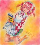  1girl apron book boots clothes_writing female knee_boots kneeling maid_headdress mayo_riyo motoori_kosuzu open_mouth pink_eyes pink_hair racequeen sample solo touhou traditional_media twintails 