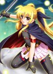  1girl bardiche blonde_hair diesel-turbo fate_testarossa gloves long_hair lyrical_nanoha red_eyes solo thigh-highs twintails 