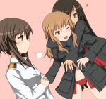  3girls blonde_hair brown_eyes brown_hair federica_n_doglio fernandia_malvezzi flying_sweatdrops green_eyes hug hug_from_behind joney long_hair multiple_girls panties red_panties simple_background strike_witches takei_junko underwear wince 