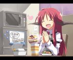  1girl :d ^_^ bat_wings blush chair closed_eyes female food fork hands_together happy head_wings heart koakuma letterboxed microwave necktie noodles onigiri open_mouth ramen redhead refrigerator satou_kibi sitting smile solo touhou translated wings 
