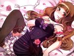  1girl blush brown_hair dress flower frilled_dress frills idolmaster idolmaster_cinderella_girls kamiya_nao long_hair looking_at_viewer lying on_bed petals red_eyes rose rose_petals smile solo yuura 