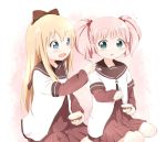  2girls :d araki495 blonde_hair bow hair_bobbles hair_bow hair_ornament long_hair multiple_girls open_mouth pink_hair rum_raisin school_uniform serafuku sitting smile spoon toshinou_kyouko twintails yoshikawa_chinatsu yuru_yuri 