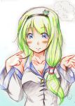  1girl alternate_hairstyle blue_eyes blush breasts cleavage detached_sleeves female frog frog_hair_ornament green_hair hair_ornament hair_tubes hairband hairpin impossible_clothes kemu_inu kochiya_sanae long_hair long_sleeves sketch smile snake_hair_ornament solo touhou upper_body white_background 