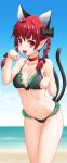  1girl :3 absurdres animal_ears beach bikini black_bikini bow braid breasts byeontae_jagga cat_ears cat_tail choker cleavage fang female frilled_bikini frills hair_bow hair_ornament highres kaenbyou_rin long_hair looking_at_viewer multiple_tails navel nekomata open_mouth paw_pose pointy_ears red_eyes redhead shiny shiny_skin solo swimsuit tail touhou twin_braids 