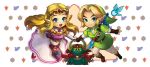  1boy 1girl belt blonde_hair blue_eyes cape chibi earrings fairy ganon gloves horn jewelry link long_hair muse_(rainforest) navi nintendo pointy_ears princess_zelda sword the_legend_of_zelda the_legend_of_zelda:_ocarina_of_time tiara weapon 