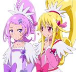  2girls aida_mana arm_grab bangs blonde_hair blush bow choker cure_heart cure_sword curly_hair detached_sleeves dokidoki!_precure earrings embarrassed eye_contact eyelashes finger_to_mouth fingernails flat_chest hair_between_eyes hair_ornament hairpin heart heart_hair_ornament jewelry kenzaki_makoto light_smile long_fingernails long_hair looking_at_another magical_girl multiple_girls pink_bow pink_eyes pointing ponytail precure purple_hair sidelocks simple_background smile spade spade_hair_ornament spoken_heart suzushiro_yukari swept_bangs twintails upper_body violet_eyes white_background 