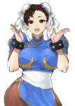  1girl bracelet breasts brown_eyes brown_hair bun_cover capcom china_dress chinese_clothes chun-li curvy double_bun dress highres jewelry madarame open_mouth pantyhose pelvic_curtain short_hair simple_background solo spiked_bracelet spikes street_fighter white_background 