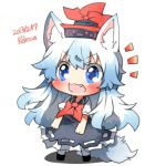  1girl animal_ears artist_name blue_eyes blue_hair blush dated dog_ears dog_tail fang female hat kamishirasawa_keine long_hair lowres open_mouth rebecca_(keinelove) smile tail touhou 