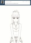  /\/\/\ 1girl animated animated_gif belt blinking cutoffs denim denim_shorts fate/apocrypha fate_(series) flat_chest jewelry midriff monochrome navel necklace nod saber_of_red shorts simple_background solo tumblr tusia v_arms white_background wide-eyed 