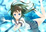  1girl bad_id barefoot blue_eyes brown_hair bubble feet freediving haguda_tofu_(hakudatofu) long_hair original pool school_swimsuit school_uniform serafuku swimming swimsuit swimsuit_under_clothes underwater 