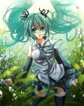  1girl aqua_eyes aqua_hair bubble detached_sleeves floating_hair hachiimi hair_ribbon hatsune_miku highres long_hair looking_at_viewer microphone necktie ribbon skirt solo submerged thigh-highs twintails underwater vocaloid 