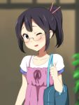  1girl ;d asagiri_shiori bag blush casual collarbone glasses hair_ornament hair_stick highres ikari_manatsu one_eye_closed open_mouth ponytail shoulder_bag smile solo tamako_market thumbs_up wink 