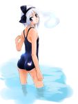  1girl ass blue_eyes blush female hairband hitodama konpaku_youmu looking_back one-piece_swimsuit sasayuki short_hair silver_hair solo swimsuit touhou water 