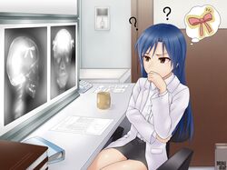  1girl ? amami_haruka blue_hair brown_eyes hair_ribbon hand_to_own_mouth highres idolmaster kisaragi_chihaya labcoat long_hair mikidar nonowa ribbon sitting skull solo thought_bubble x-ray x-ray_film 