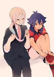  2boys afuro_terumi armband bad_id blonde_hair blue_hair formal inazuma_eleven_(series) inazuma_eleven_go kidokawa_seishuu kishibe_taiga long_hair male_focus multicolored_hair multiple_boys necktie older simple_background sitting soccer_uniform sportswear suit tokio_neo toshimasa_(serialism) two-tone_hair 