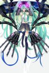  1girl armpits arms_up boots character_name detached_sleeves green_hair grin hatsune_miku highres hullabaloo long_hair navel necktie skirt smile solo thigh-highs thigh_boots twintails very_long_hair vocaloid 