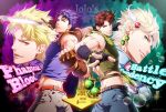  4boys argyle argyle_background battle_tendency belt blonde_hair blue_eyes bola_(weapon) brown_hair bubble caesar_anthonio_zeppeli copyright_name crop_top dio_brando family feathers fingerless_gloves gloves green_eyes jojo_no_kimyou_na_bouken jonathan_joestar joseph_joestar_(young) kuren male_focus midriff multiple_boys phantom_blood red_eyes scarf striped striped_scarf sword weapon 