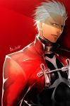  1boy archer awa_suna brown_eyes character_name dark_skin fate/stay_night fate_(series) male_focus red red_background solo white_hair 