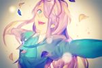  1girl :d ascot bad_id blonde_hair blue_eyes crazy_eyes dress emaema evil_smile garry_(ib) green_dress hair_over_one_eye ib long_hair long_sleeves looking_at_viewer mary_(ib) open_mouth outstretched_arms petals rose_petals smile solo upper_body very_long_hair 