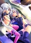  2girls baby_razz busou_shinki computer_keyboard computer_mouse doll doll_joints fringe kingchenxi long_hair lying minigirl mousepad multiple_girls musical_note on_side one_eye_closed pink_legwear sharatang sharatang_(busou_shinki) silver_hair thigh-highs twintails very_long_hair violet_eyes 