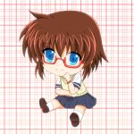  1girl bad_id bespectacled blue_eyes bracelet brown_hair chibi glasses jewelry lyrical_nanoha mahou_shoujo_lyrical_nanoha_innocent material-s mikohalt school_uniform shoes short_hair short_sleeves skirt smile socks solo stern_starks 