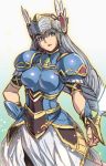  1girl armor armored_dress braid feathers green_eyes helmet houtengeki lenneth_valkyrie long_hair silver_hair sketch solo sword valkyrie valkyrie_profile weapon 