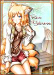  1girl alternate_costume animal_ears blonde_hair blue_eyes blush border character_name contemporary english female fox_ears fox_tail highres jewelry kemu_inu multiple_tails necklace short_hair shorts sitting solo tail touhou yakumo_ran 