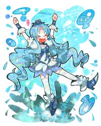  &gt;_&lt; &gt;o&lt; 1girl :d blue blue_eyes blue_hair blue_skirt boots closed_eyes cure_marine dress female flower hair_ornament heart heartcatch_precure! itomugi-kun kurumi_erika long_hair magical_girl open_mouth precure skirt smile solo thigh-highs touhou twintails water white_legwear xd 