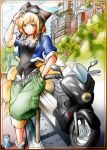  1girl animal_ears blonde_hair blue_eyes blush bush contemporary female fox_ears fox_tail goggles goggles_on_head ground_vehicle hand_in_pocket hat kemu_inu looking_at_viewer motor_vehicle motorcycle outdoors pants plant road short_hair solo standing street tail touhou tree vehicle yakumo_ran 