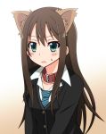  1girl animal_ears aqua_eyes asaeda_itsuki blush brown_hair cardigan collar gradient gradient_background idolmaster idolmaster_cinderella_girls leash long_hair necktie open_mouth shibuya_rin solo 