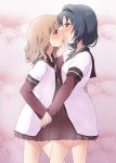  2girls 7001 blonde_hair blue_hair braid couple furutani_himawari hand_holding hug incipient_kiss multiple_girls oomuro_sakurako school_uniform serafuku sweatdrop twin_braids yuri yuru_yuri 