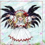  1girl blonde_hair fang female hat lily_white nanashii_(soregasisan) outstretched_arms smile solo spread_arms touhou wings yellow_eyes 