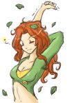  1girl alternate_hairstyle artist_request cleavage_cutout closed_eyes defense_of_the_ancients dota_2 female green_shirt leaf long_hair lyralei redhead shirt simple_background solo stretch white_background 