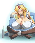  1girl alcohol alternate_costume black_legwear blonde_hair blush breasts brown_legwear choker cleavage cuffs cup detached_sleeves drunk enmaided female gigantic_breasts horn hoshiguma_yuugi indian_style ky. long_hair maid maid_headdress pantyhose red_eyes shackles sitting solo touhou wine wine_glass 