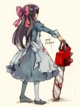 1girl aya_drevis black_hair blood blood_on_face bloody_clothes blue_dress bow chainsaw copyright_name dress english hair_bow half_updo holding_chainsaw huge_bow long_hair mad_father mary_janes red_bow shoes solo weiv