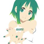  1girl 3aya_n bare_shoulders bodyart character_name gradient_hair green_eyes green_hair gumi hands_clasped k-on! looking_at_viewer lowres multicolored_hair nail_polish parody short_hair smile solo style_parody tattoo vocaloid 