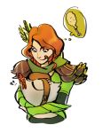  1girl armor arrow artist_request backpack bag bird chicken chicken_wing defense_of_the_ancients dota_2 food green_scarf green_shirt lyralei redhead scarf shirt shoulder_pads tongue white_background 