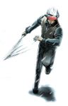  1boy capcom facial_hair godot gyakuten_saiban gyakuten_saiban_3 male_focus necktie pants reducto running solo spoilers stubble sword vest visor weapon white_background white_hair 