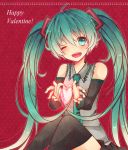  1girl detached_sleeves green_eyes green_hair hatsune_miku heart long_hair necktie open_mouth sitting skirt solo sonoruru3131 thigh-highs twintails valentine very_long_hair vocaloid wink 
