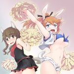  2girls animal_ears arm_up bikini_top blue_eyes blush breasts brown_eyes brown_hair charlotte_e_yeager cheerleader front-tie_top full-face_blush hi-ho- long_hair looking_at_viewer midriff multiple_girls navel open_fly open_mouth orange_hair pom_poms ponytail rabbit_ears shiny shiny_skin short_shorts shorts skirt smile strike_witches tail takei_junko under_boob unzipped vest 