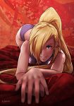 1girl all_fours ass bed_sheet blonde_hair blue_eyes breasts earrings hair_over_one_eye hanging_breasts jewelry long_hair looking_at_viewer naruto naruto_shippuuden sbel02 smile solo underwear underwear_only yamanaka_ino 