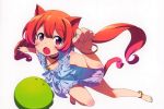  1girl animal_ears anklet barefoot bell blush bracelet cat_ears cat_tail collar dress fang feet foreshortening jewelry jingle_bell kanzaki_hiro long_hair looking_at_viewer low_twintails nail_polish open_mouth original paw_pose redhead scan solo tail toenail_polish twintails violet_eyes 